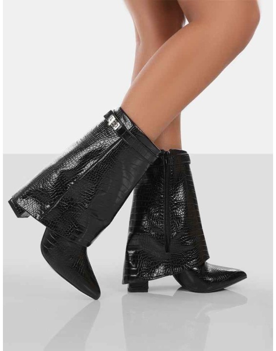 Fyre Black Croc Pointed Toe Heeled Ankle Boots