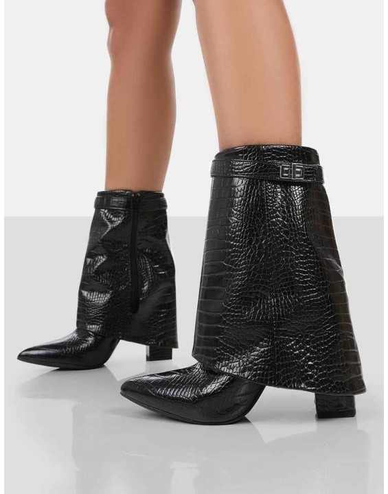 Fyre Black Croc Pointed Toe Heeled Ankle Boots