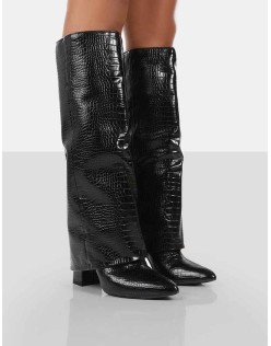 Zendaya Black Croc Pointed Toe Knee High Boots