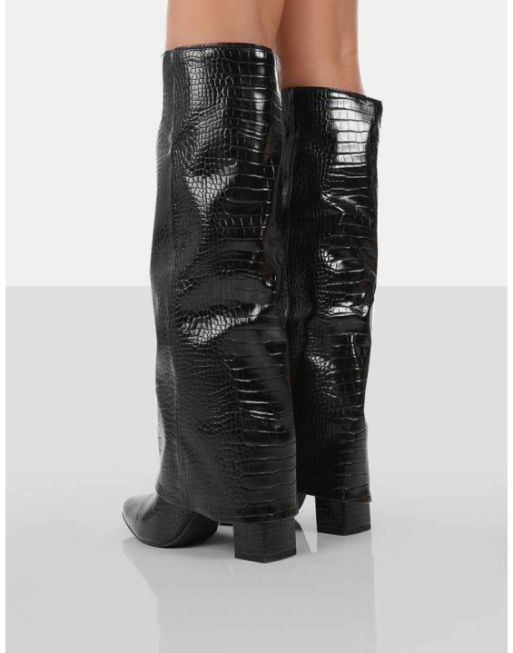 Zendaya Black Croc Pointed Toe Knee High Boots