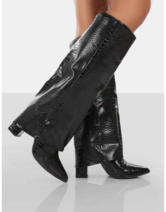 Zendaya Black Croc Pointed Toe Knee High Boots