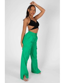 Split Hem Wide Leg Cargo Pocket Trouser Green