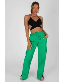 Split Hem Wide Leg Cargo Pocket Trouser Green