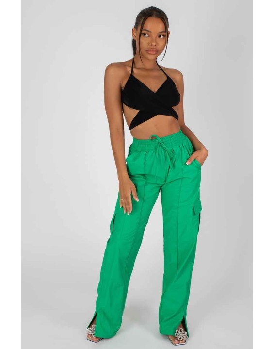 Split Hem Wide Leg Cargo Pocket Trouser Green