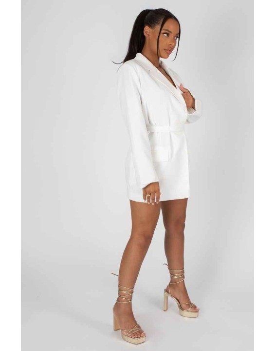 Wrap Belt Blazer Dress White