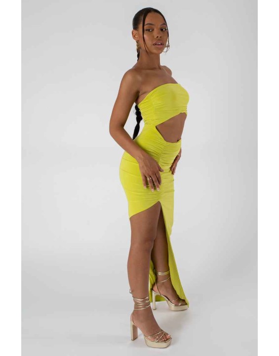 Split Side Bandeau Slinky Maxi Dress Lime