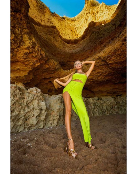 Split Side Bandeau Slinky Maxi Dress Lime