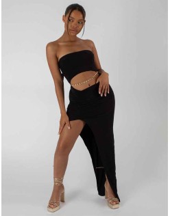 Split Side Bandeau Slinky Maxi Dress Black