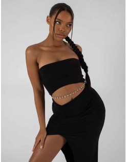 Split Side Bandeau Slinky Maxi Dress Black