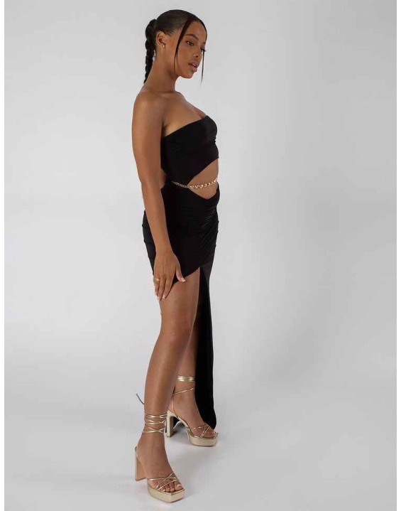 Split Side Bandeau Slinky Maxi Dress Black