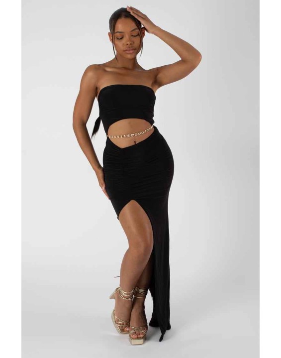 Split Side Bandeau Slinky Maxi Dress Black