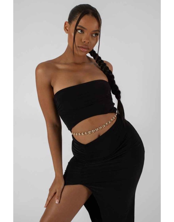 Split Side Bandeau Slinky Maxi Dress Black