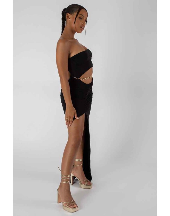 Split Side Bandeau Slinky Maxi Dress Black