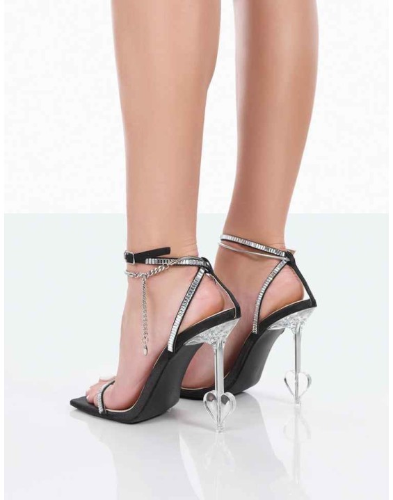 Adore Black Satin Square Toe Barely There Ankle Wrap Heart Shape Stiletto Heels