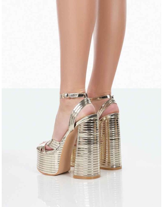 Zurra Gold Metallic Pu Open Toe Platform Block Heels