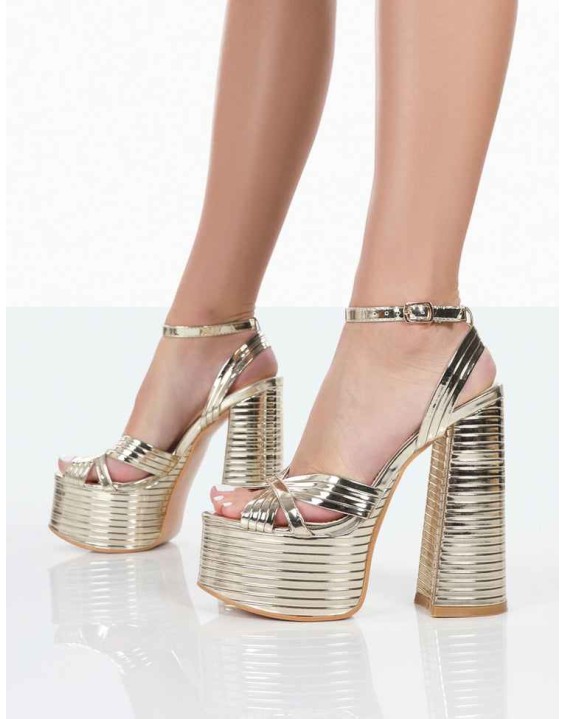 Zurra Gold Metallic Pu Open Toe Platform Block Heels