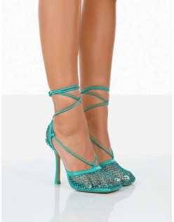 Longshot Turquoise Blue Sparkly Diamante Wrap Around Mesh Heels