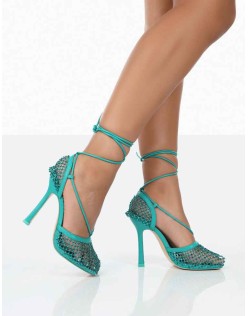 Longshot Turquoise Blue Sparkly Diamante Wrap Around Mesh Heels