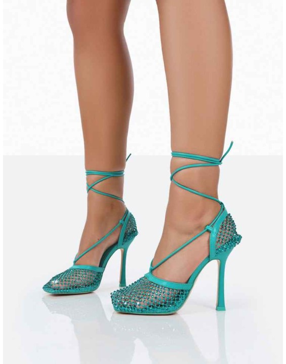 Longshot Turquoise Blue Sparkly Diamante Wrap Around Mesh Heels
