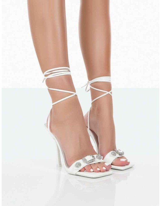 Happy Now White Croc Pu Square Toe Lace Up Stiletto Heels