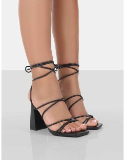 Coco Black Grain Square Toe Strappy Lace Up Block Heels