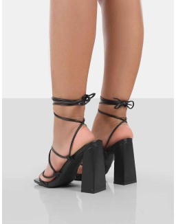 Coco Black Grain Square Toe Strappy Lace Up Block Heels