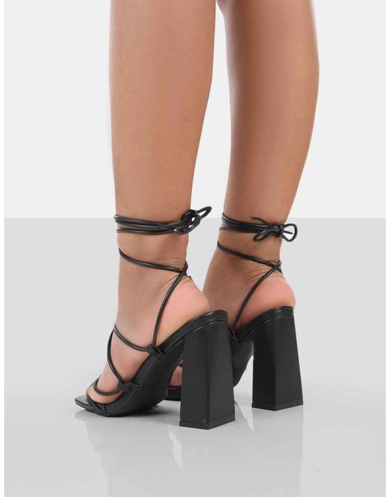 Coco Black Grain Square Toe Strappy Lace Up Block Heels