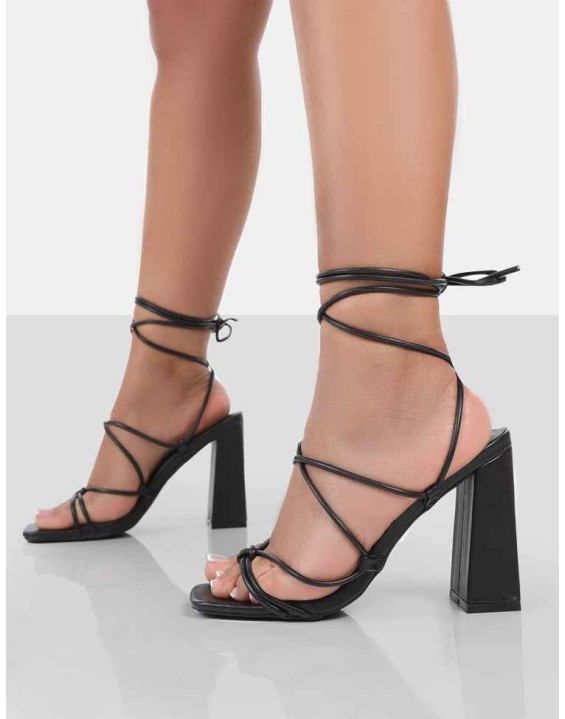 Coco Black Grain Square Toe Strappy Lace Up Block Heels