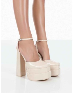 Moonchild Wide Fit Ecru Patent Closed Toe Statement Platform Block Heels