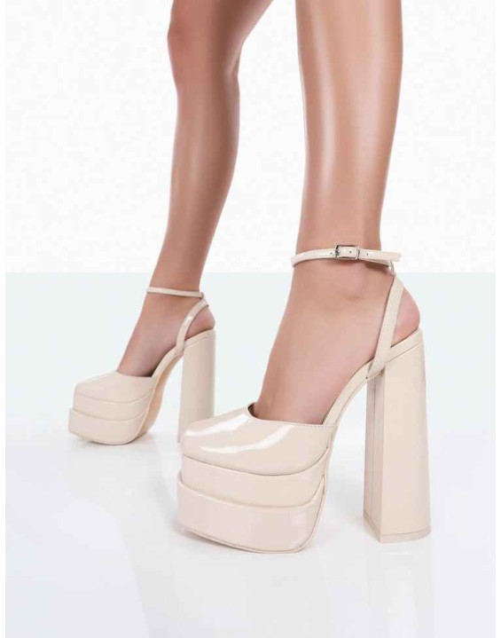 Moonchild Wide Fit Ecru Patent Closed Toe Statement Platform Block Heels