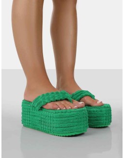 Nell Green Terry Towelling Platform Wedge Flip Flop Sandals