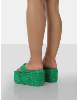 Nell Green Terry Towelling Platform Wedge Flip Flop Sandals