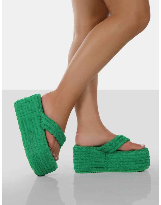 Nell Green Terry Towelling Platform Wedge Flip Flop Sandals