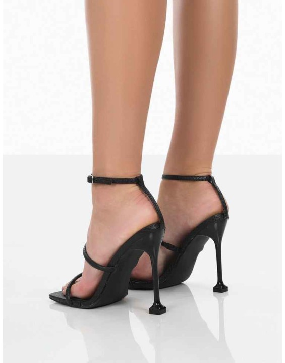 Kallipo Black Reptile Pu Strappy Square Toe Heels
