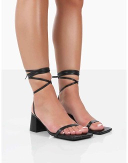 Babeass Black Pu Sqaure Toe Lace Up Block Mid Heeled Sandals