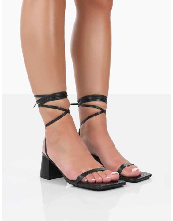Babeass Black Pu Sqaure Toe Lace Up Block Mid Heeled Sandals