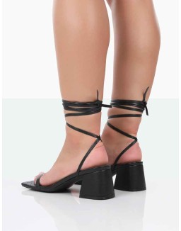 Babeass Black Pu Sqaure Toe Lace Up Block Mid Heeled Sandals