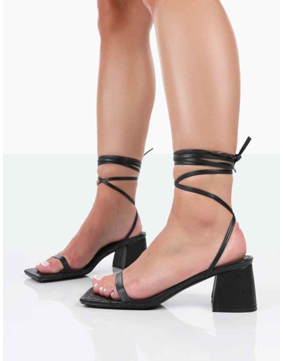 Babeass Black Pu Sqaure Toe Lace Up Block Mid Heeled Sandals