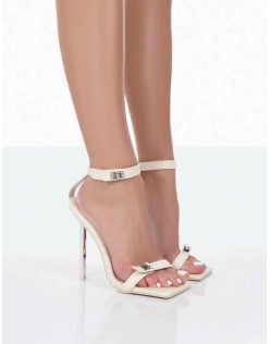 Dream Big Ecru Pu Strappy Square Toe Stiletto Heels