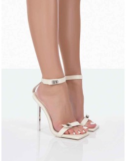 Dream Big Ecru Pu Strappy Square Toe Stiletto Heels