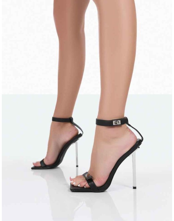 Dream Big Black Pu Strappy Square Toe Stiletto Heels