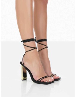 Either Way Black Pu Square Toe Lace Up Thin Block Heels