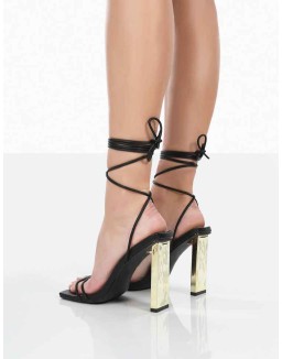 Either Way Black Pu Square Toe Lace Up Thin Block Heels