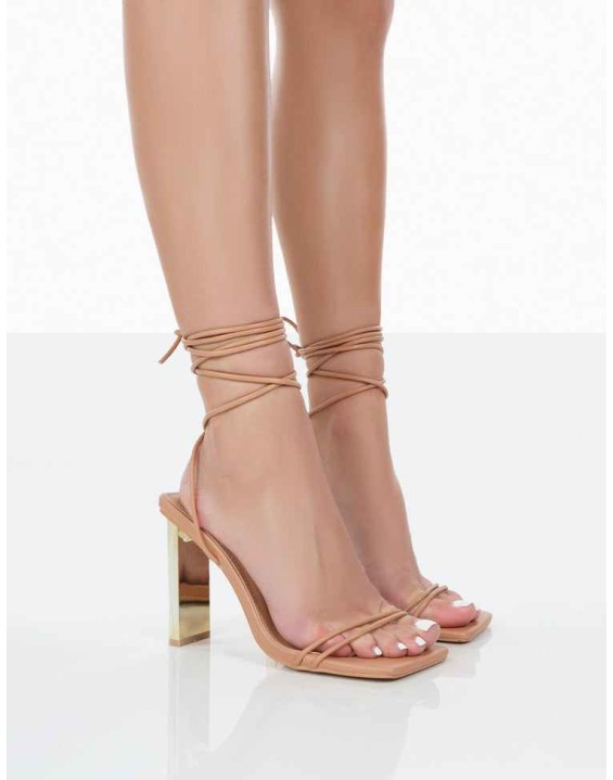 Either Way Nude Pu Square Toe Lace Up Thin Block Heels