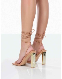 Either Way Nude Pu Square Toe Lace Up Thin Block Heels