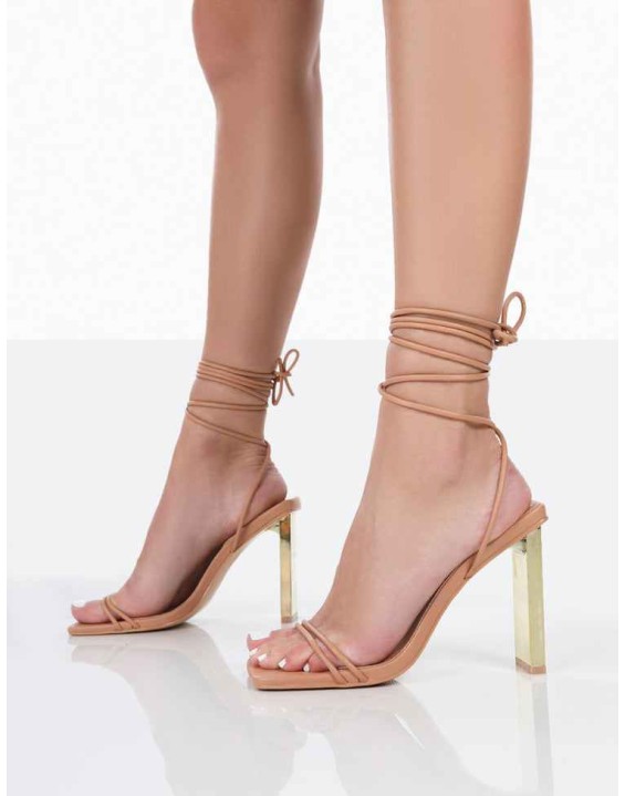 Either Way Nude Pu Square Toe Lace Up Thin Block Heels