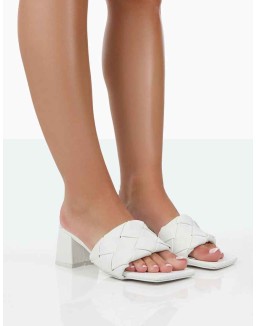Play Nice White PU Woven Square Toe Block Mid Heeled Sandals