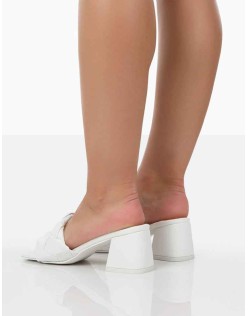 Play Nice White PU Woven Square Toe Block Mid Heeled Sandals