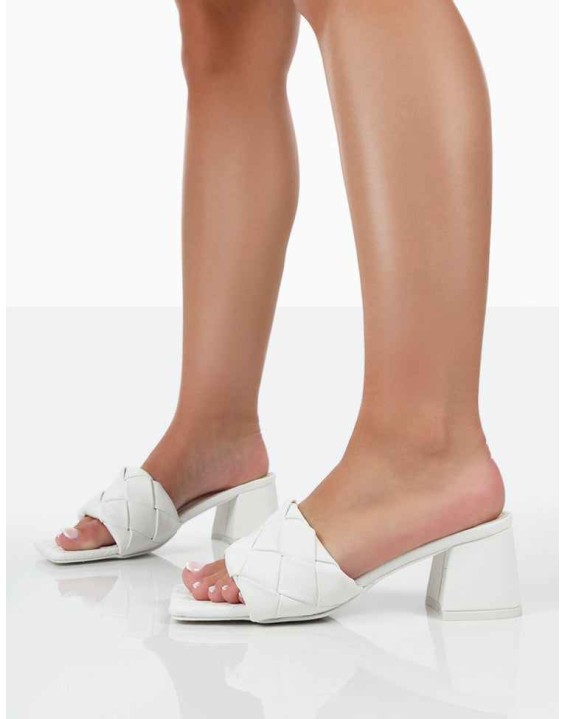 Play Nice White PU Woven Square Toe Block Mid Heeled Sandals