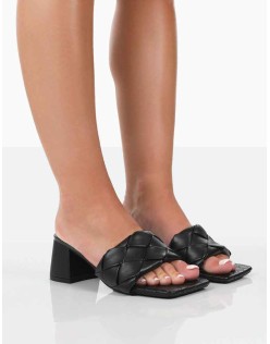 Play Nice Black PU Woven Square Toe Block Mid Heeled Sandals